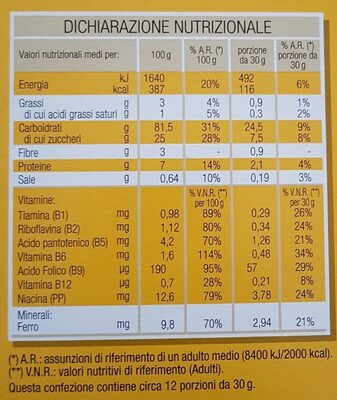 Selex riso soffiato al cacao nutrition facts table