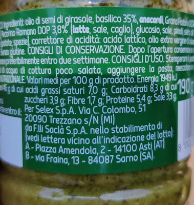 Pesto alla genovese nutrition facts table