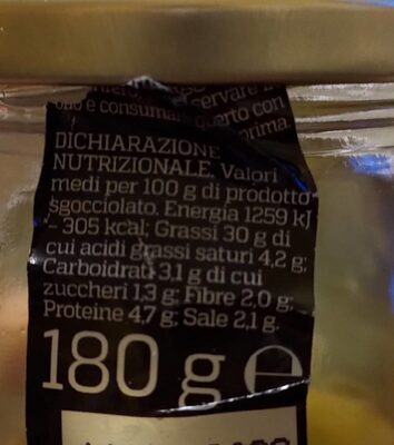 Olive verdi farcite con tonno e acciughe in olio di girasole nutrition facts table