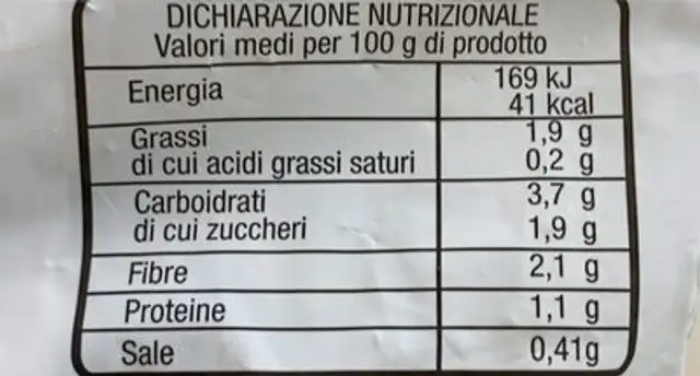 Vellutata di Verdure nutrition facts table