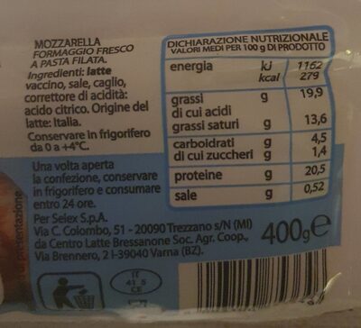 Mozzarella per pizza nutrition facts table