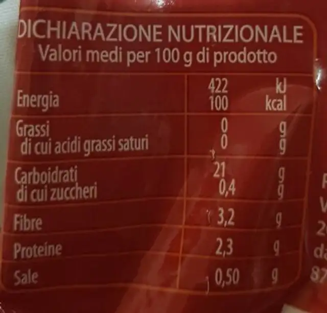 Patate al Rosmarino surgelate nutrition facts table