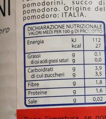 pomodorini nutrition facts table