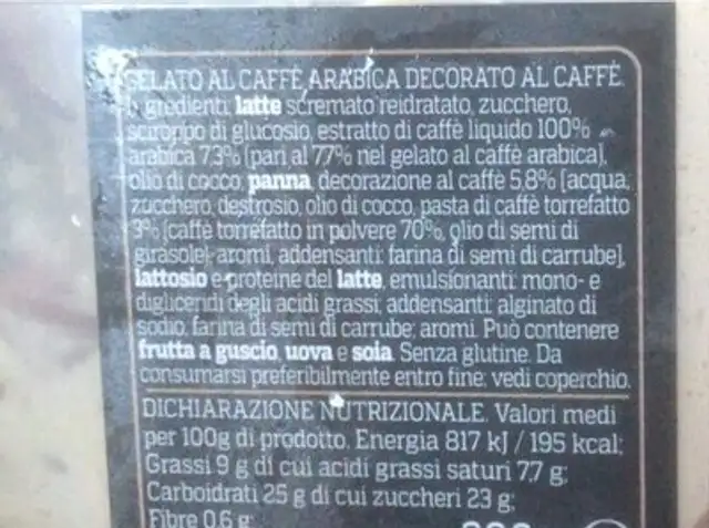 gelato al caffe arabica nutrition facts table