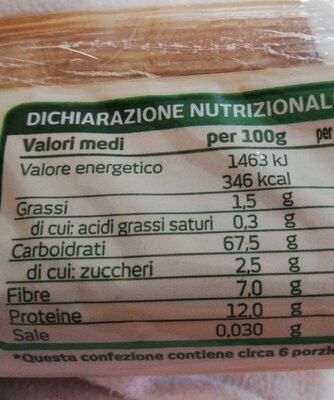 Natura chiama pasta di semola integrale spaghetti biologici nutrition facts table