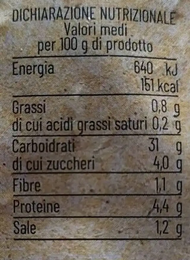 Gnocchi di patate su nutrition facts table