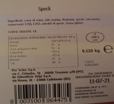 Speck nutrition facts table