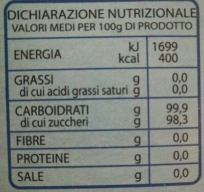 Zucchero a velo nutrition facts table