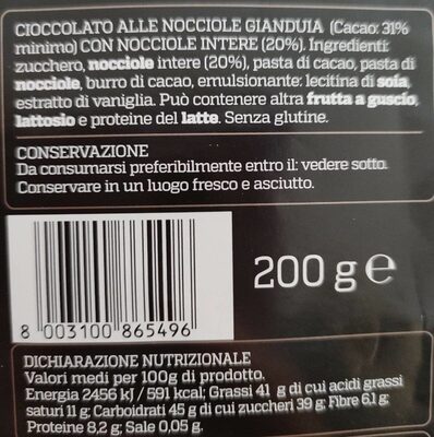 Cioccolato alle nocciole gianduia nutrition facts table