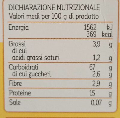 Pasta all'uovo Filini nutrition facts table