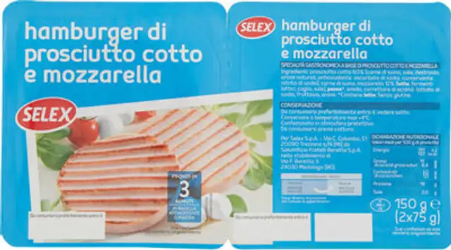 Hamburger di prosciutto cotto e mozzarella front packaging