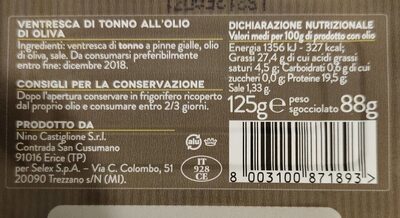 Ventresca di tonno nutrition facts table