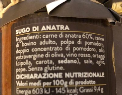 Ragu de canard ingredients label