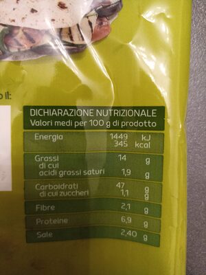 piadina sottilissima sfogliata con olio extra vergine d'oliva nutrition facts table
