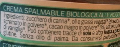 Crema spalmabile biologica al nocciole ingredients label
