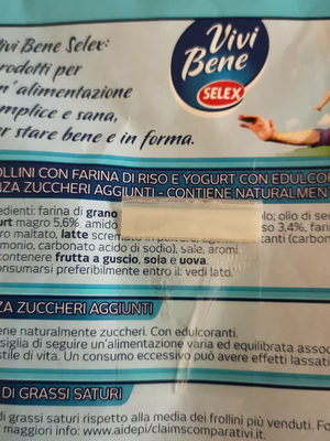 Vivi bene frollini con riso e yogurt senza zuccheri aggiunti ingredients label