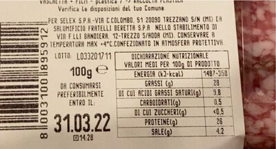 Salame Milano nutrition facts table