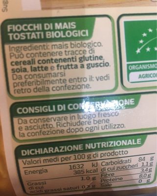 Corn flakes ingredients label