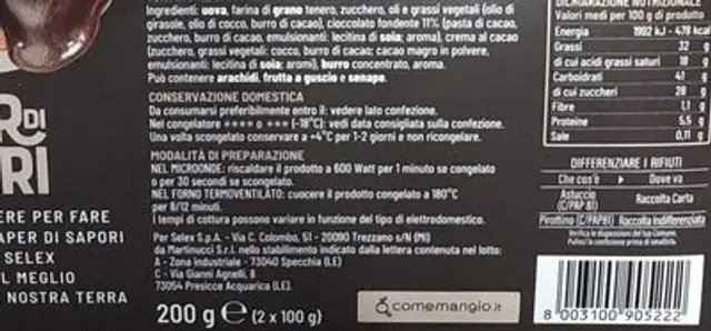 Sape di sapori soufflè al cioccolato fondente surgelato nutrition facts table