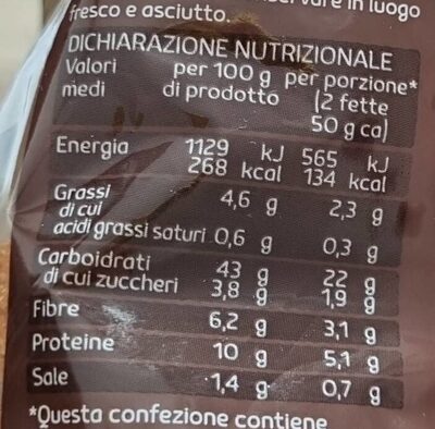 Pane morbido integrale a fette nutrition facts table