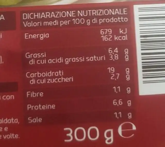 Tagliolini Verdi panna e speck nutrition facts table