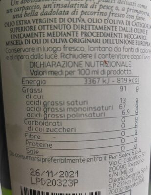 Olio extra vergine di oliva sapore delicato nutrition facts table