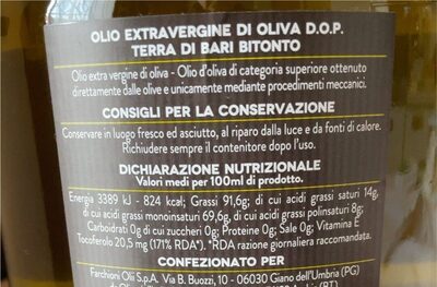 Olio extravergine di oliva Dop terra di Bari Bitonto nutrition facts table