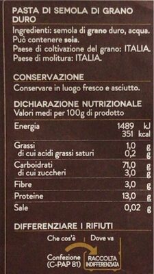 Pasta di gragnano I.G.P. nutrition facts table