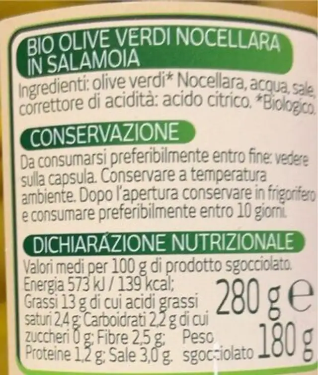 Olive verdi Nocellara nutrition facts table