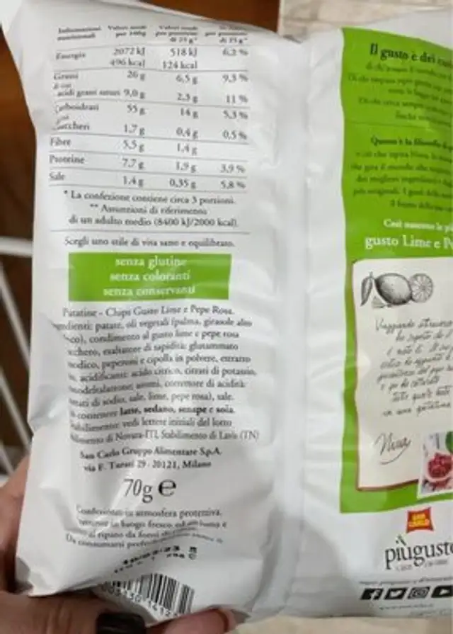 Piu gusto lime e pepe rosa nutrition facts table