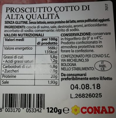Prosciutto cotto di alta qualitá ingredients label