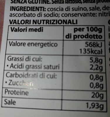 Prosciutto cotto di alta qualitá nutrition facts table