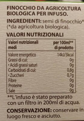Bio Infuso Finocchio Biologico Verso Natura Conad nutrition facts table