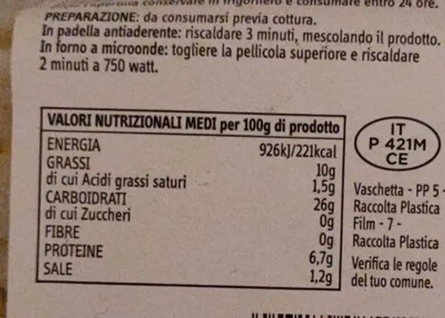 Riso alla Cantonese nutrition facts table