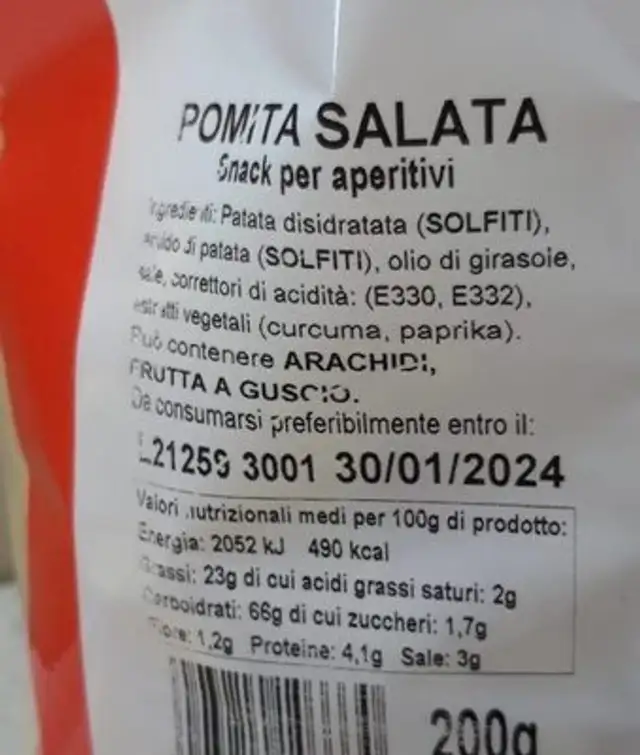 Pomita Salata nutrition facts table
