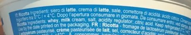 Ricotta ingredients label