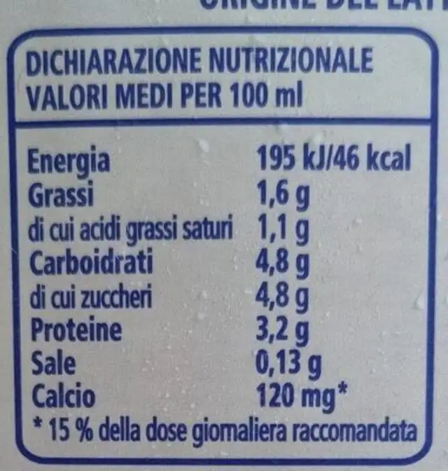 Latte parzialmente scremato nutrition facts table