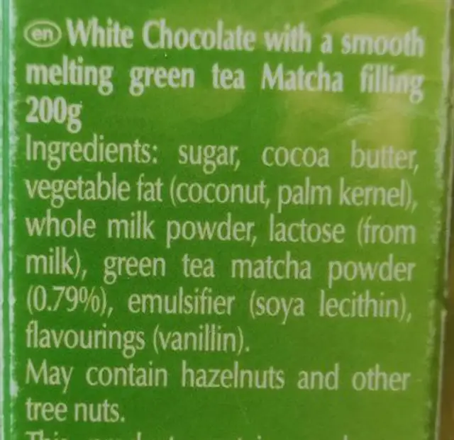 LINDOR Matcha ingredients label