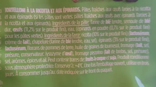 Tortelloni alla ricota e spinaci ingredients label