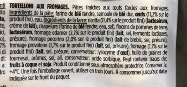 Pates au fromage ingredients label