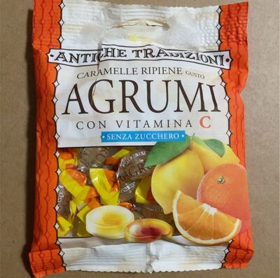 Caramelle ripiene gusto agrumi con vitamina C senza zucchero front packaging