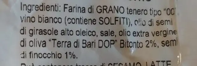 Tarallini ai semi di Finocchio ingredients label