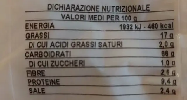Tarallini ai semi di Finocchio nutrition facts table