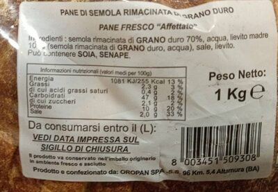 Pane di semola rimacinata di grano duro front packaging
