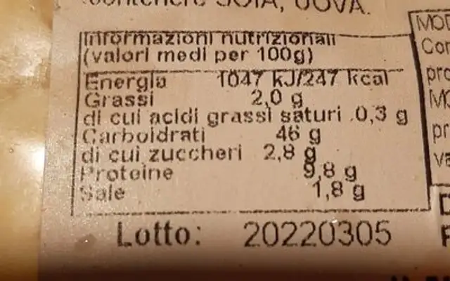 Pane tartsruga nutrition facts table