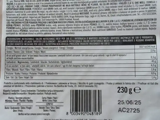 Pinsa nutrition facts table