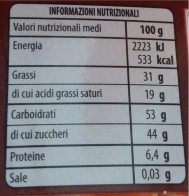 Witor’s cioccolato fondente nutrition facts table