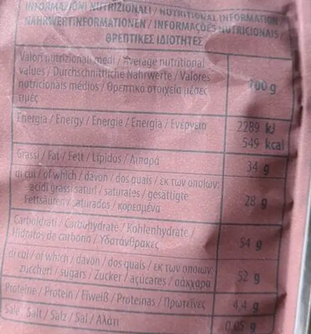 Noir nutrition facts table