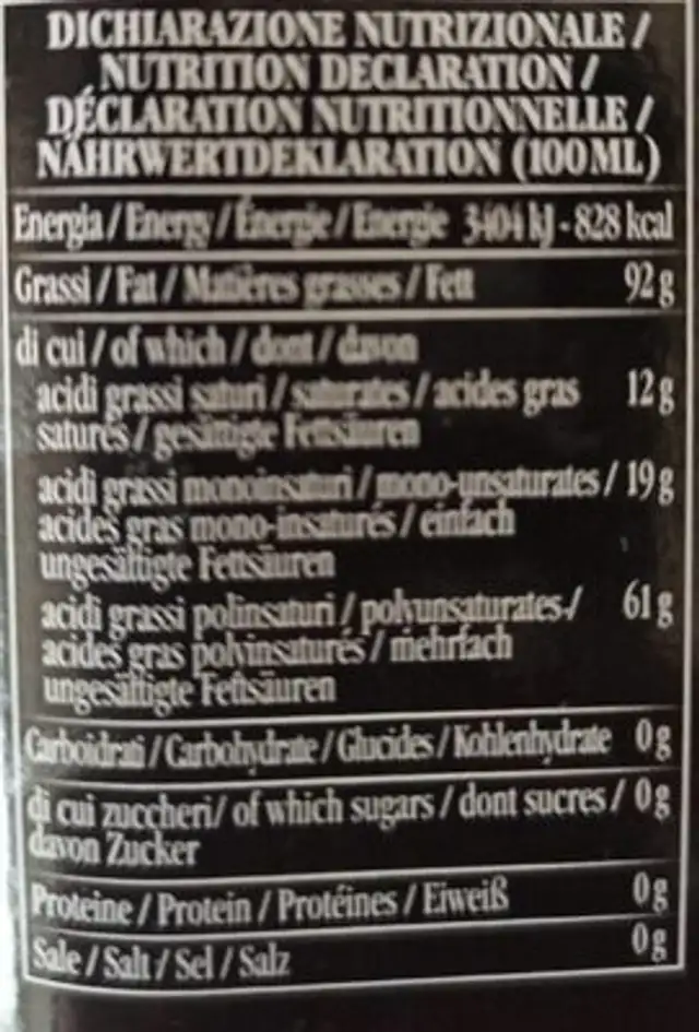 Olio di Vinacciolo nutrition facts table