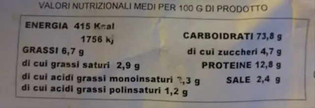 Ciambella senza lievito nutrition facts table
